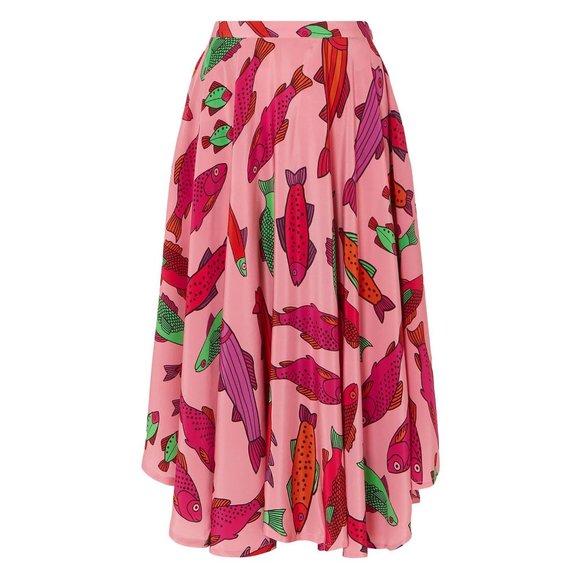 LHD Fish Corsican Trout Print Midi Skirt Silk High Low Hem Pink Red Raspberry 6